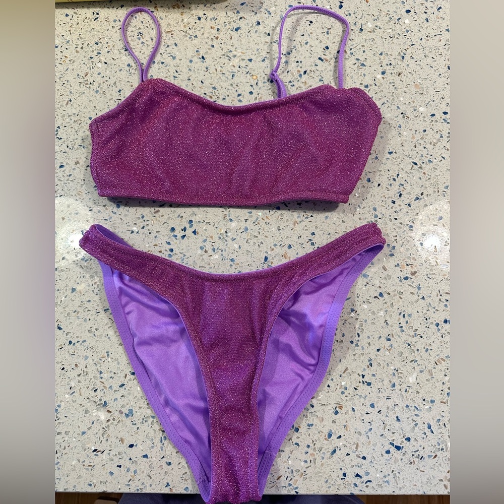 purple sparkly triangl swimsuit